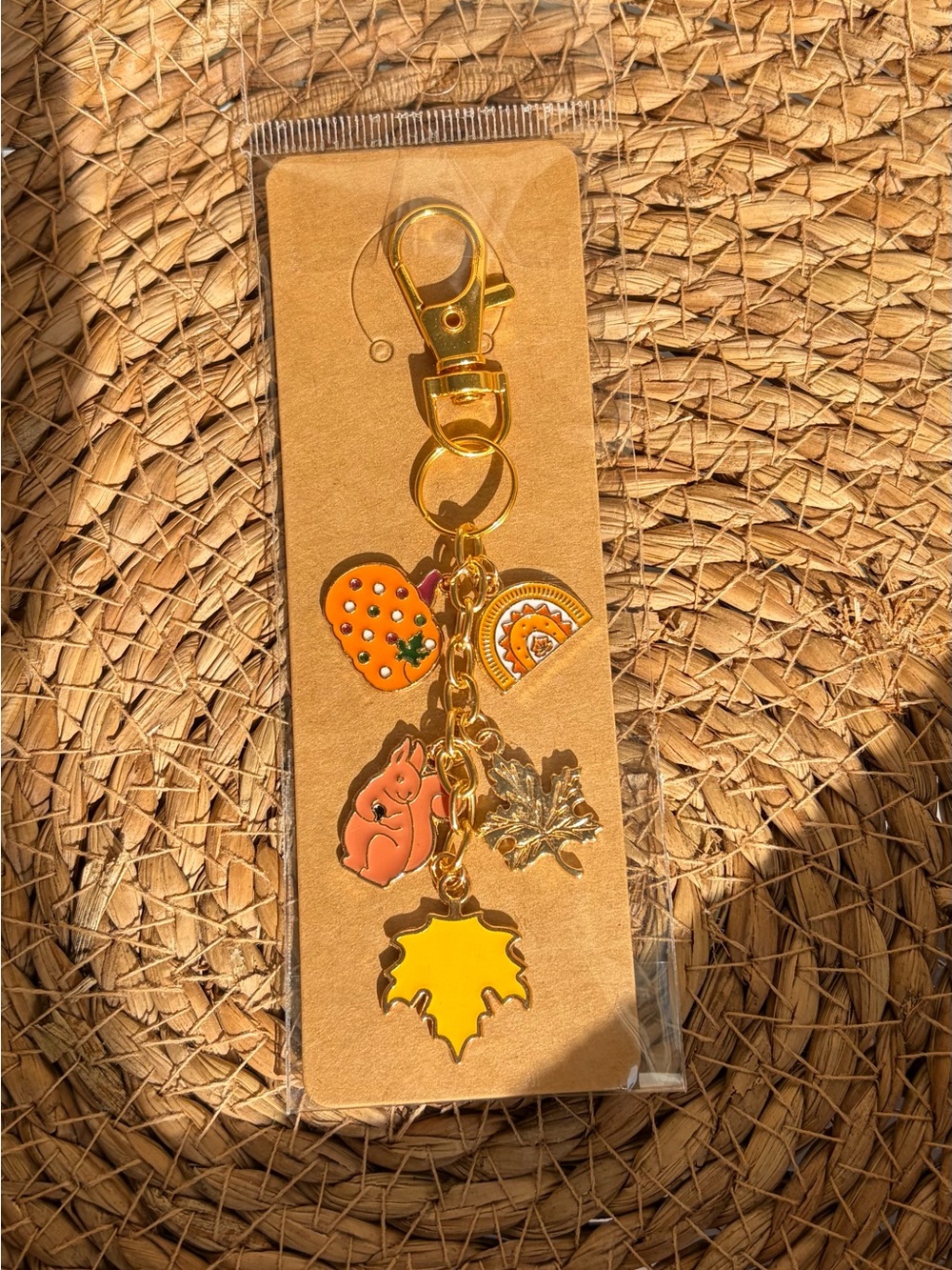 Gold-Tone Autumn Charm Keychain - Yellow & Orange Leaf Charms